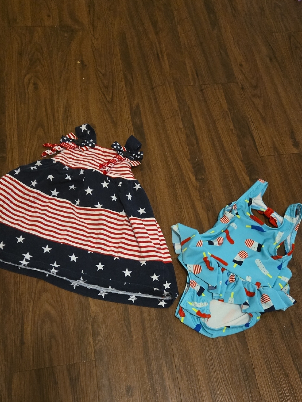 Girls' Red White & Blue Star Stripe Dress and Blue Popsicle Ruffle Swimsuit